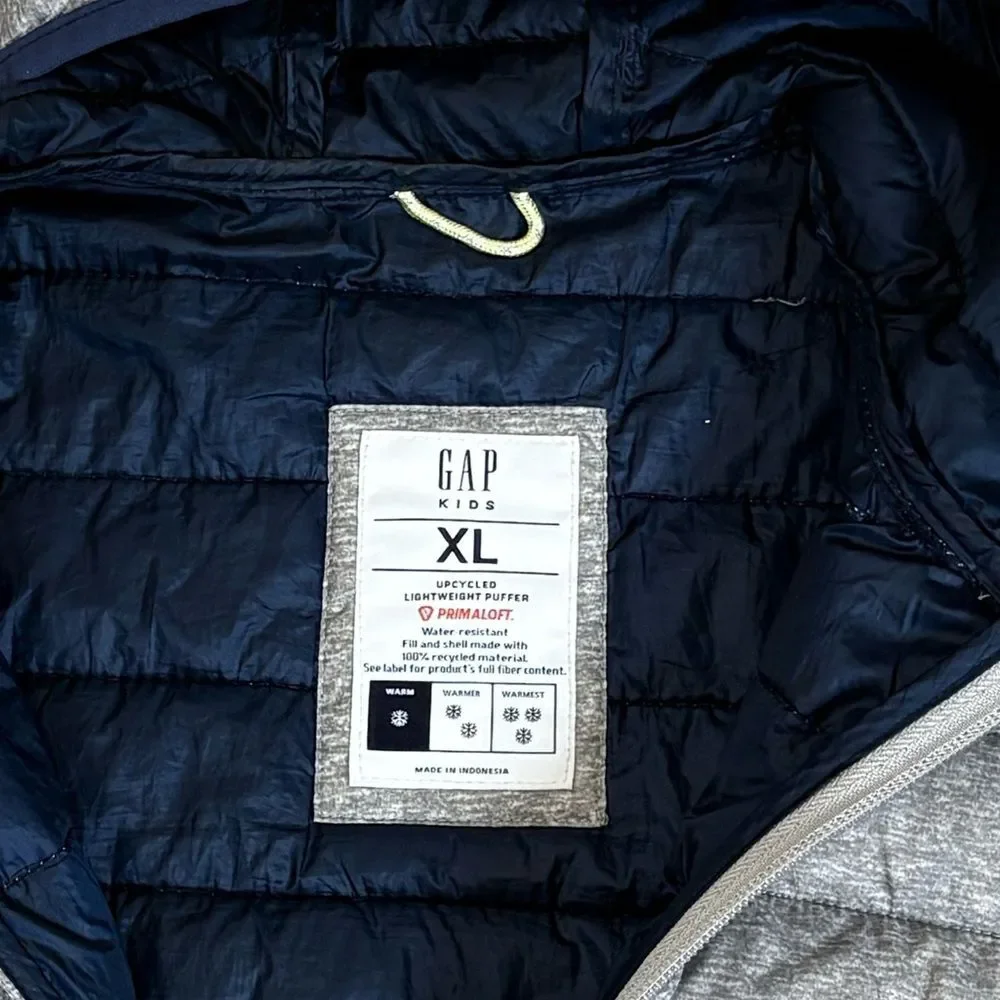 GAP Kids Primaloft Ligthweight Hooded Puffer Zip Jacket Boys Size XL Grey & Navy